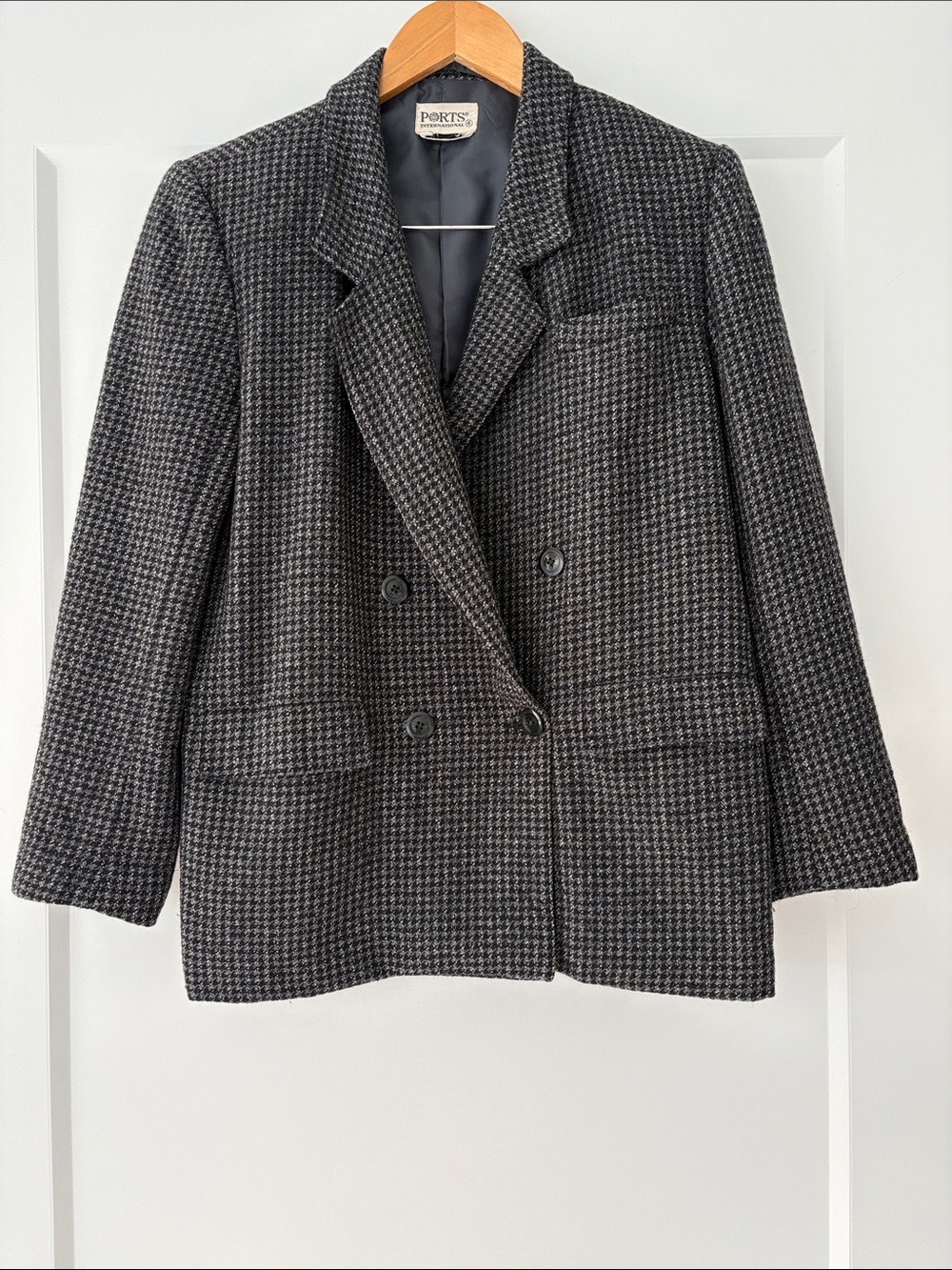 Vintage Ports International 100% Wool Houndstooth Double-Breasted Blazer